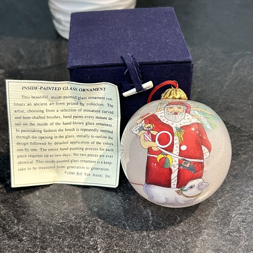 1990 Bill Yee Inside‎ Hand Painted Glass Christmas Ornament Santa Sheep Snow 3"